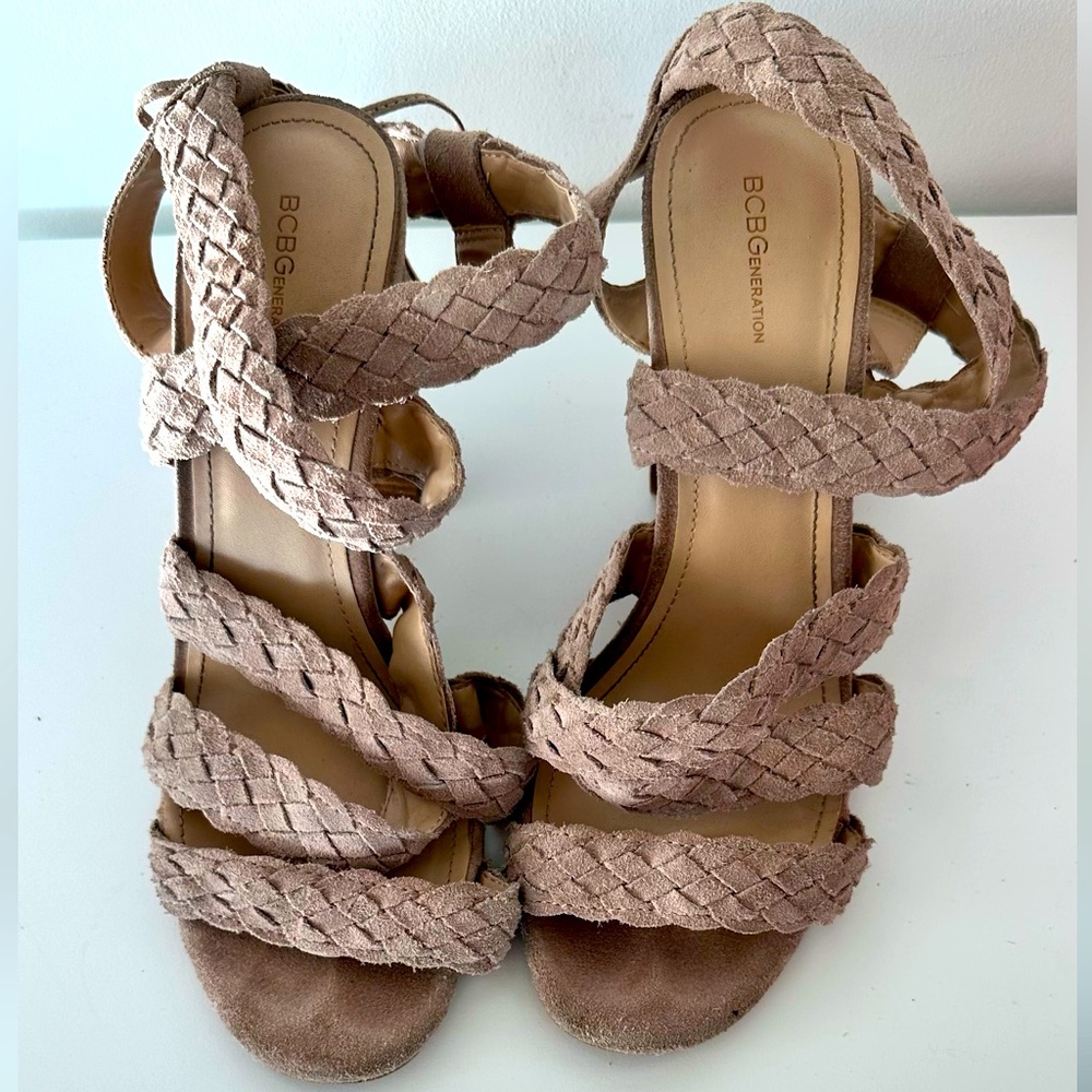BCBG Strappy Swede Sandal Heels Thick Heel